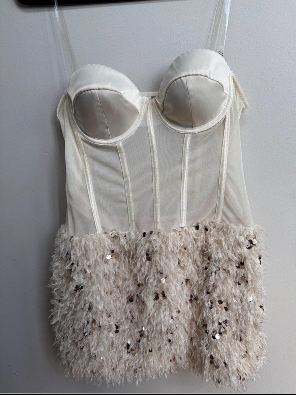 Ivory Bustier Mini Dress with Sequin Feathers built in shorts